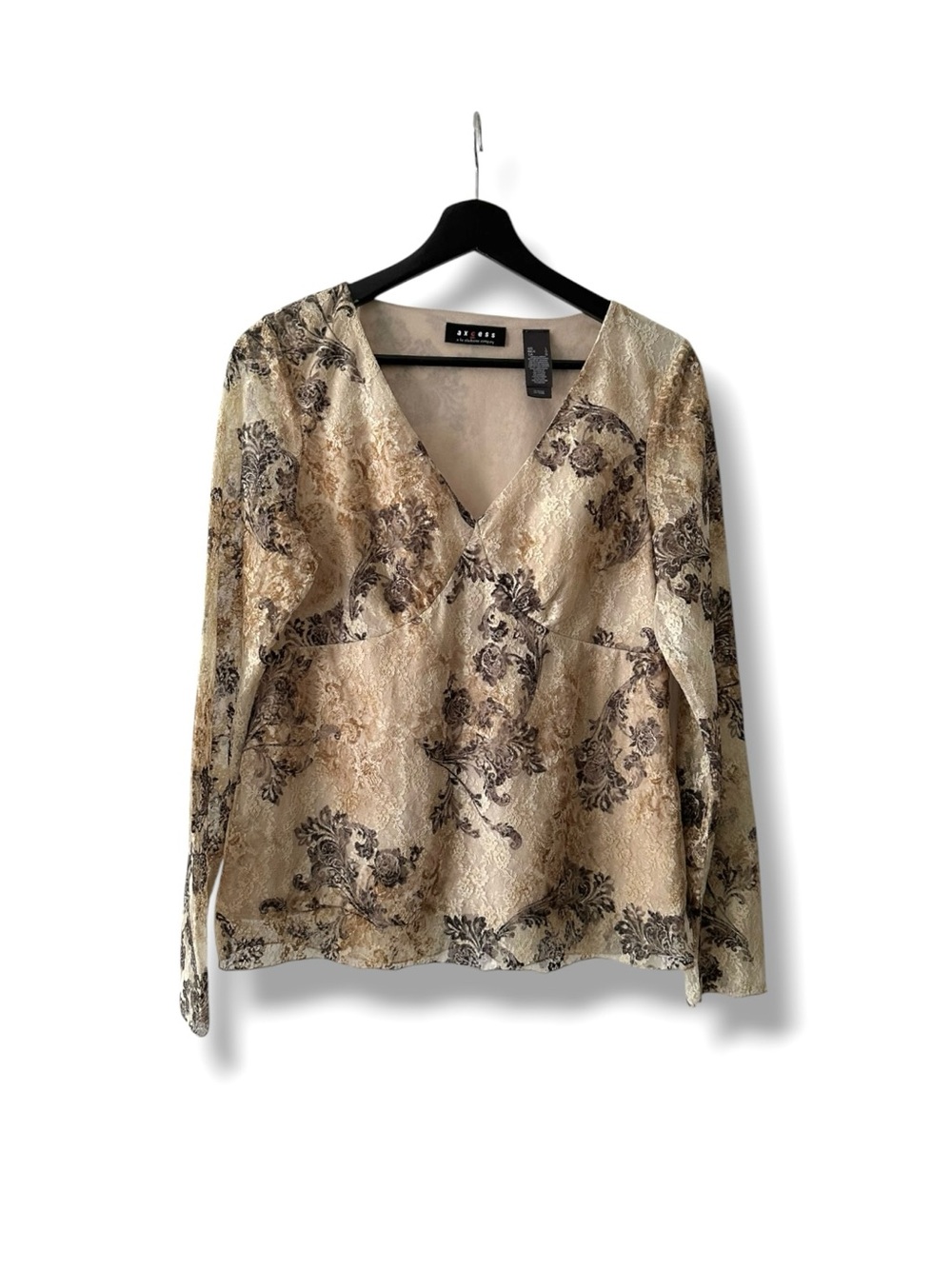 Axcess Lace Mesh Empire Waist Sheer Long Sleeve Paisley Graphic Top L 2000s Y2K